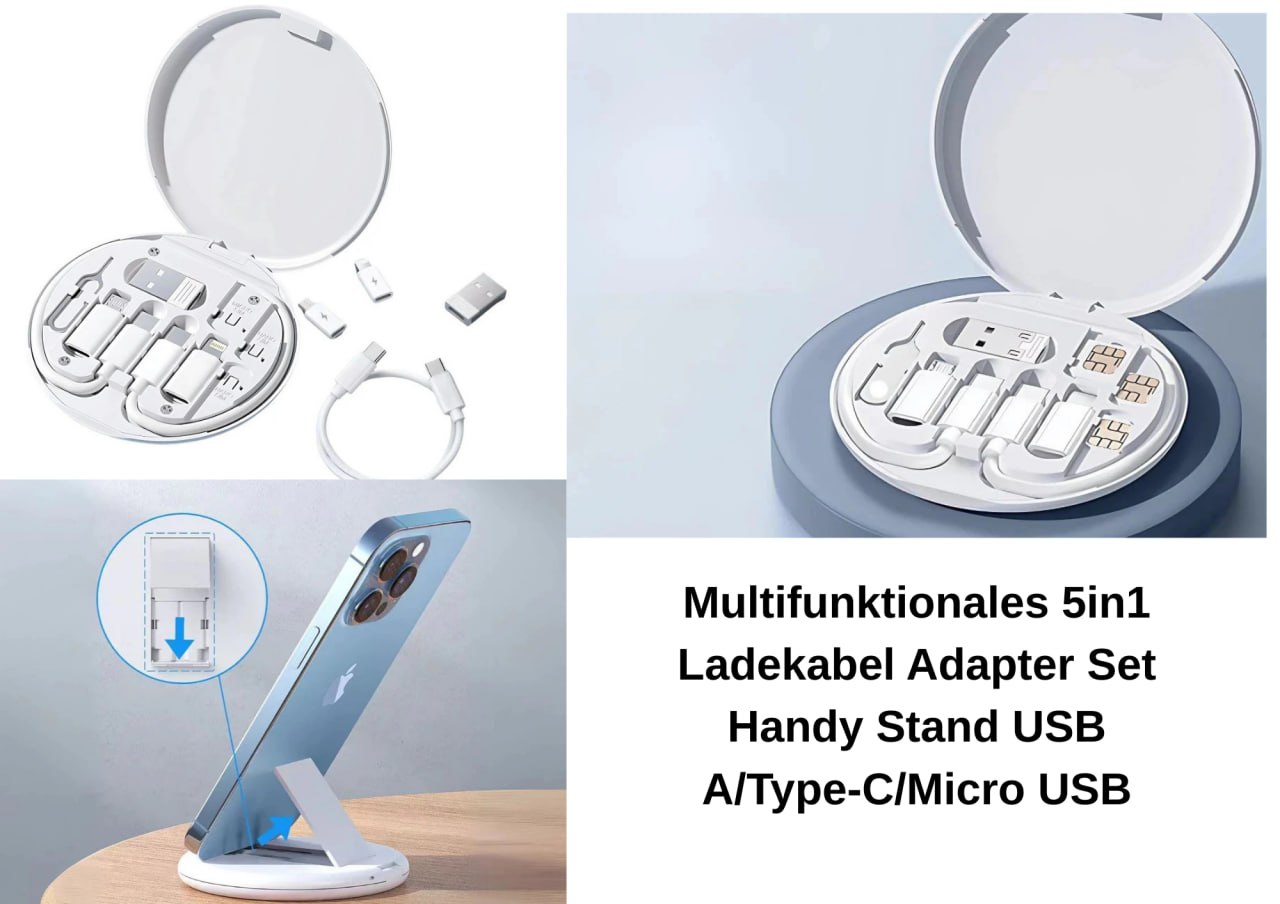 5in1 Ladekabel Adapter Set â USB-C Lightning Micro USB mit SIM Tool Etui