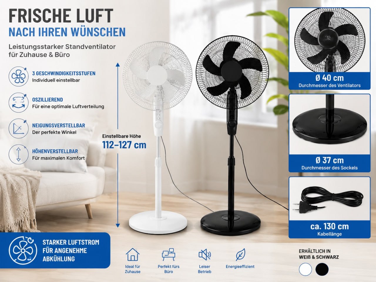 Standventilator 16 Zoll 40W mit Oszillation – Höhenverstellbarer Bodenventilator Weiß (40 cm)