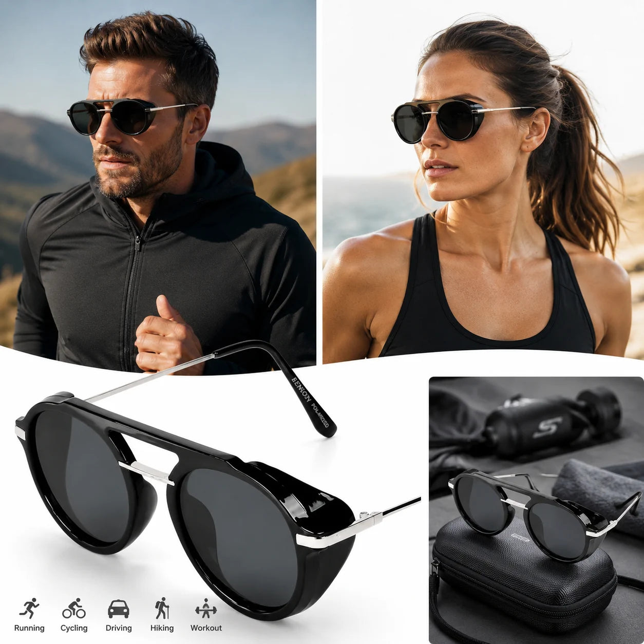 Polarisierte Sonnenbrille Herren Damen UV400 Schwarz Sportbrille Seitenschutz