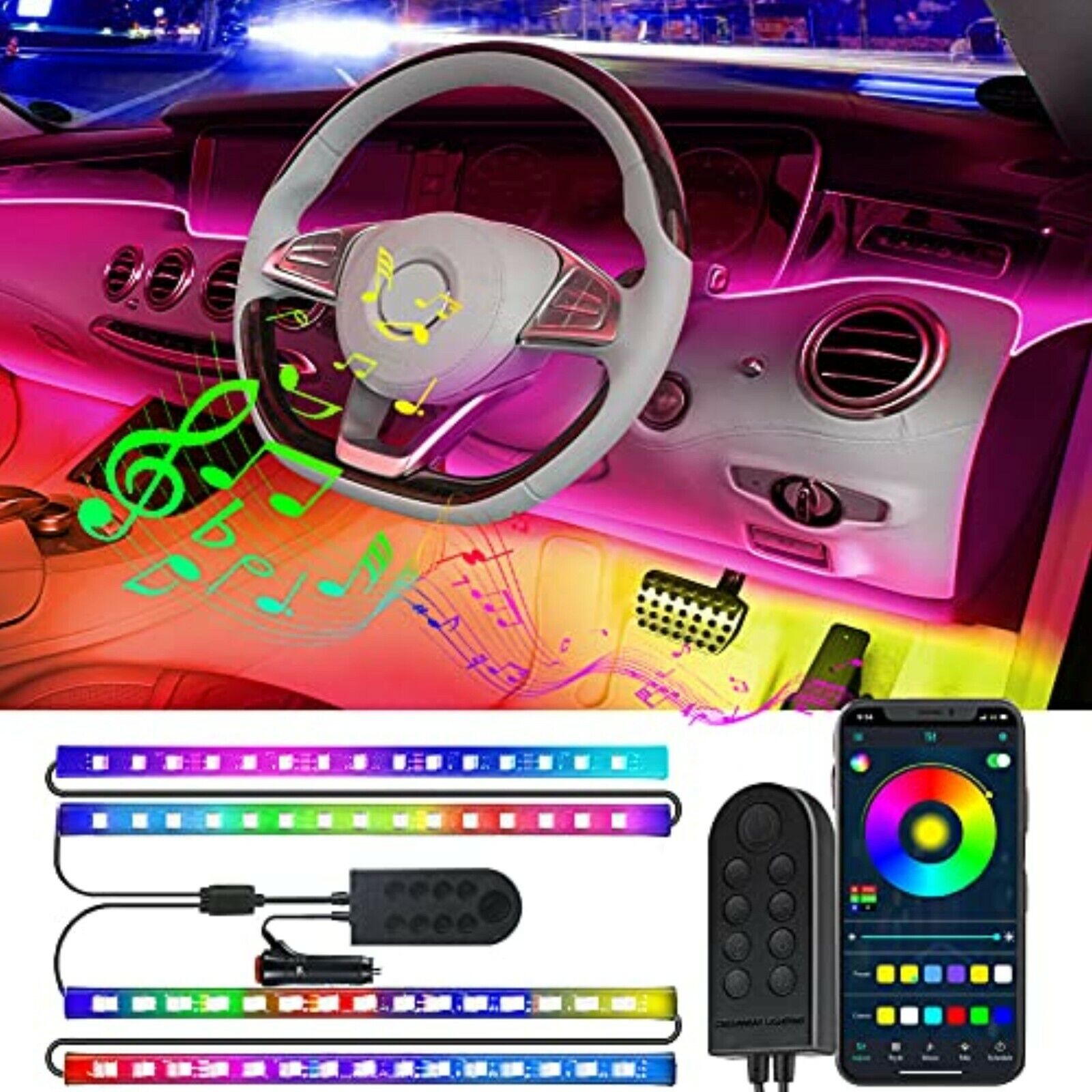 LED interior lighting car, 4pcs 48 LED car LED strip, upgrade two-line APP