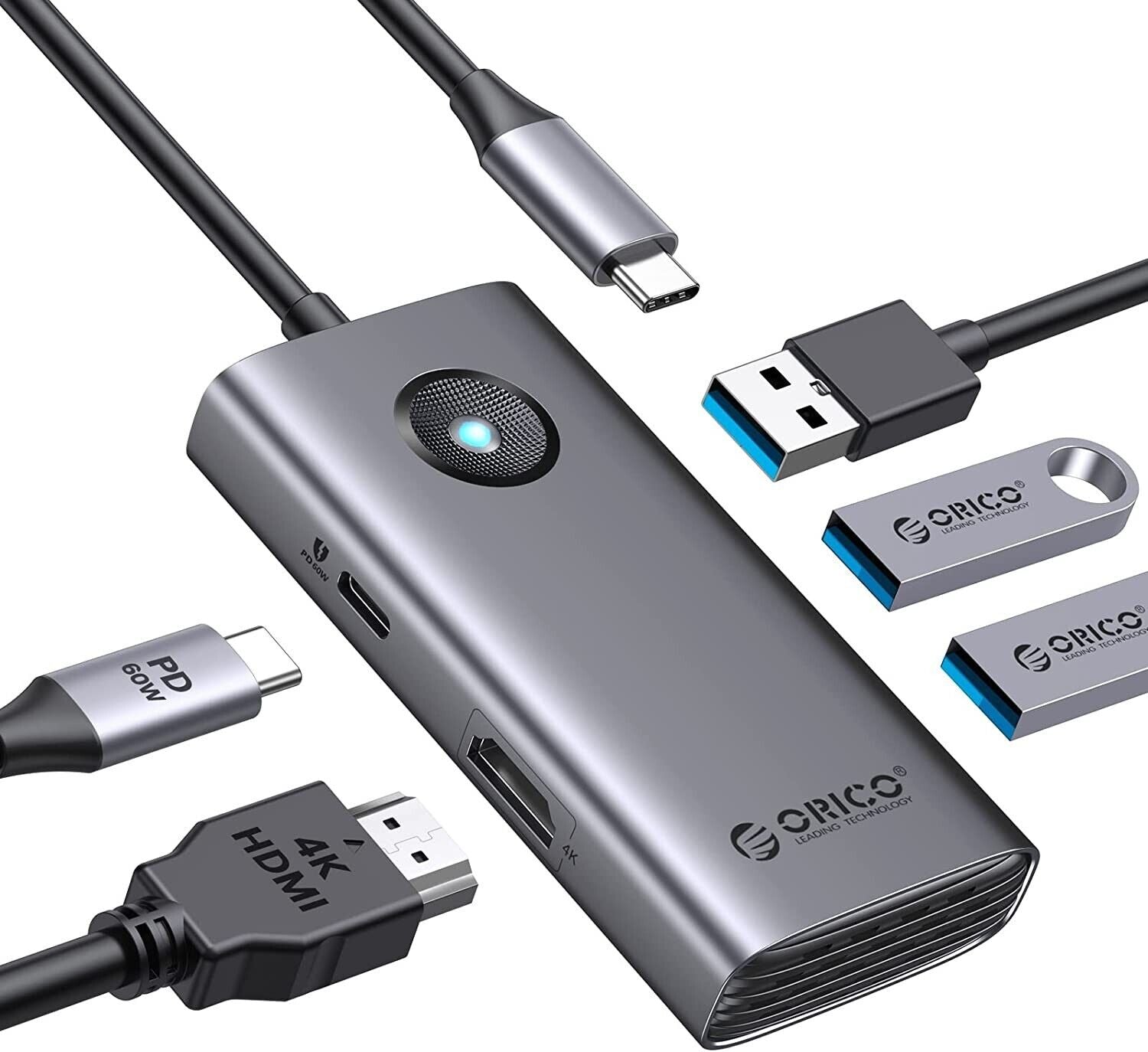 USB C Hub, ORICO 5 in 1 USB C Docking Station with 4K HDMI, PD 60W, USB 3.0