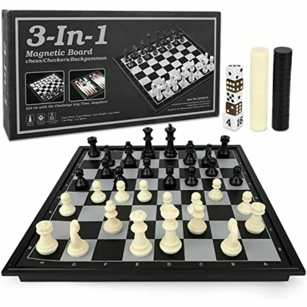 Chess Set Magnetic Checkers Game Backgammon 3-in-1, Chess Magnetic