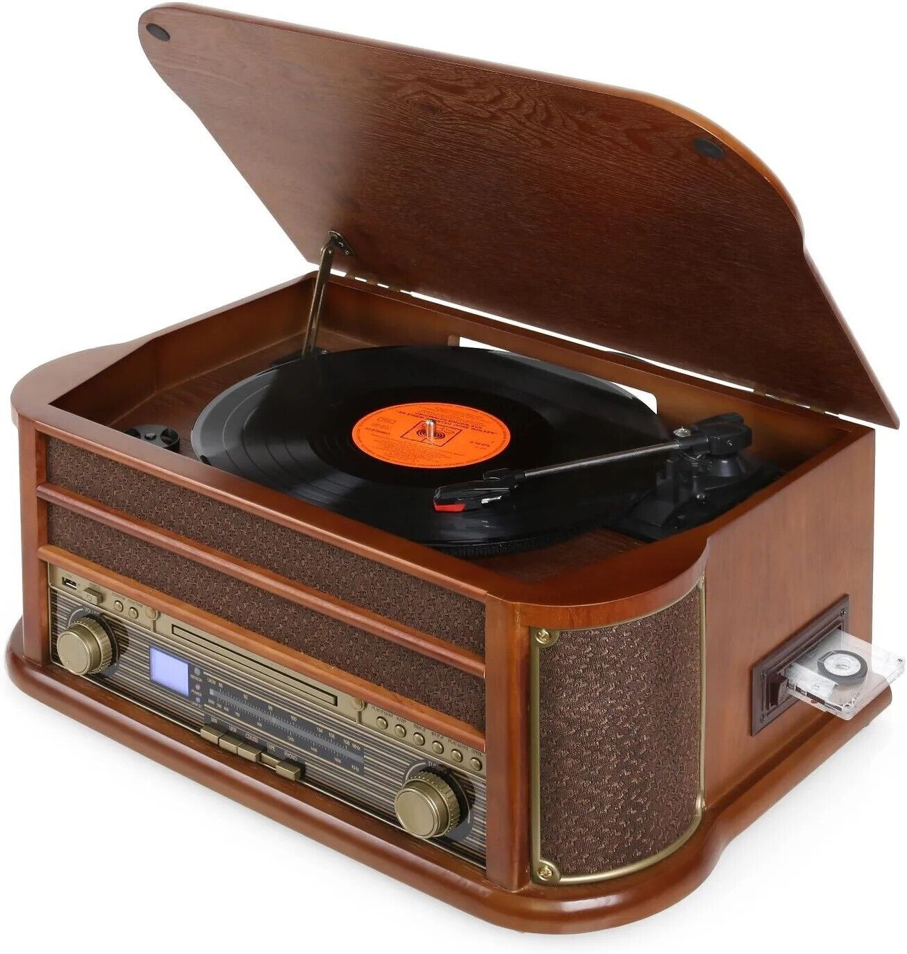 Nostalgie Holz Musikanlage – Retro Stereoanlage mit Plattenspieler, CD-Player, USB, Radio & Bluetooth