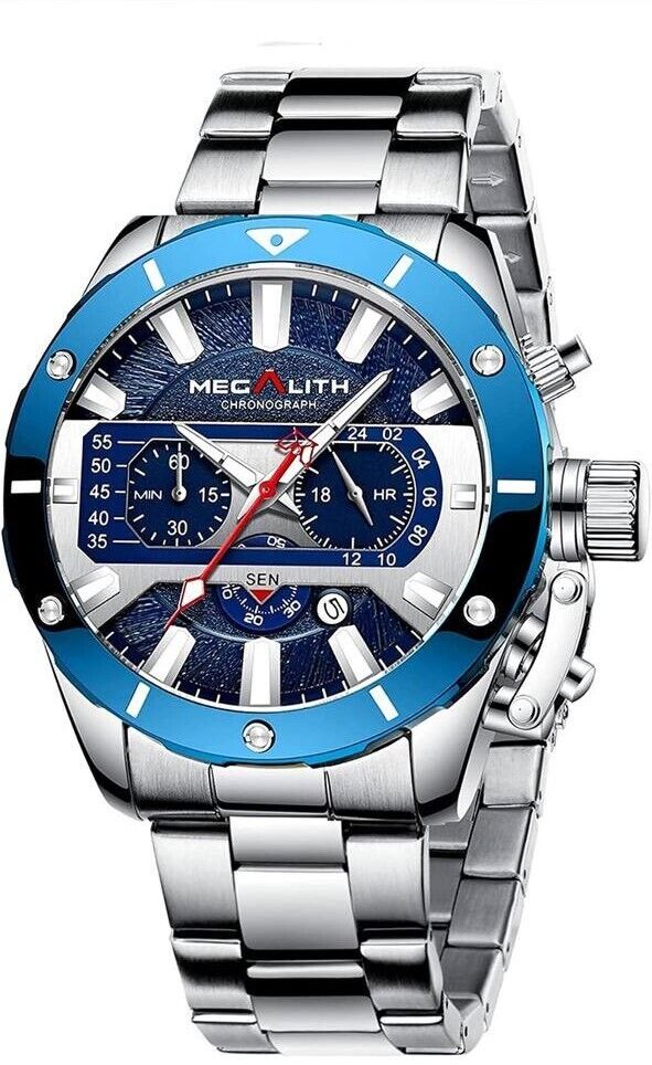 MEGALITH men's watch with stainless steel bracelet 46 mm date display magnifying glass