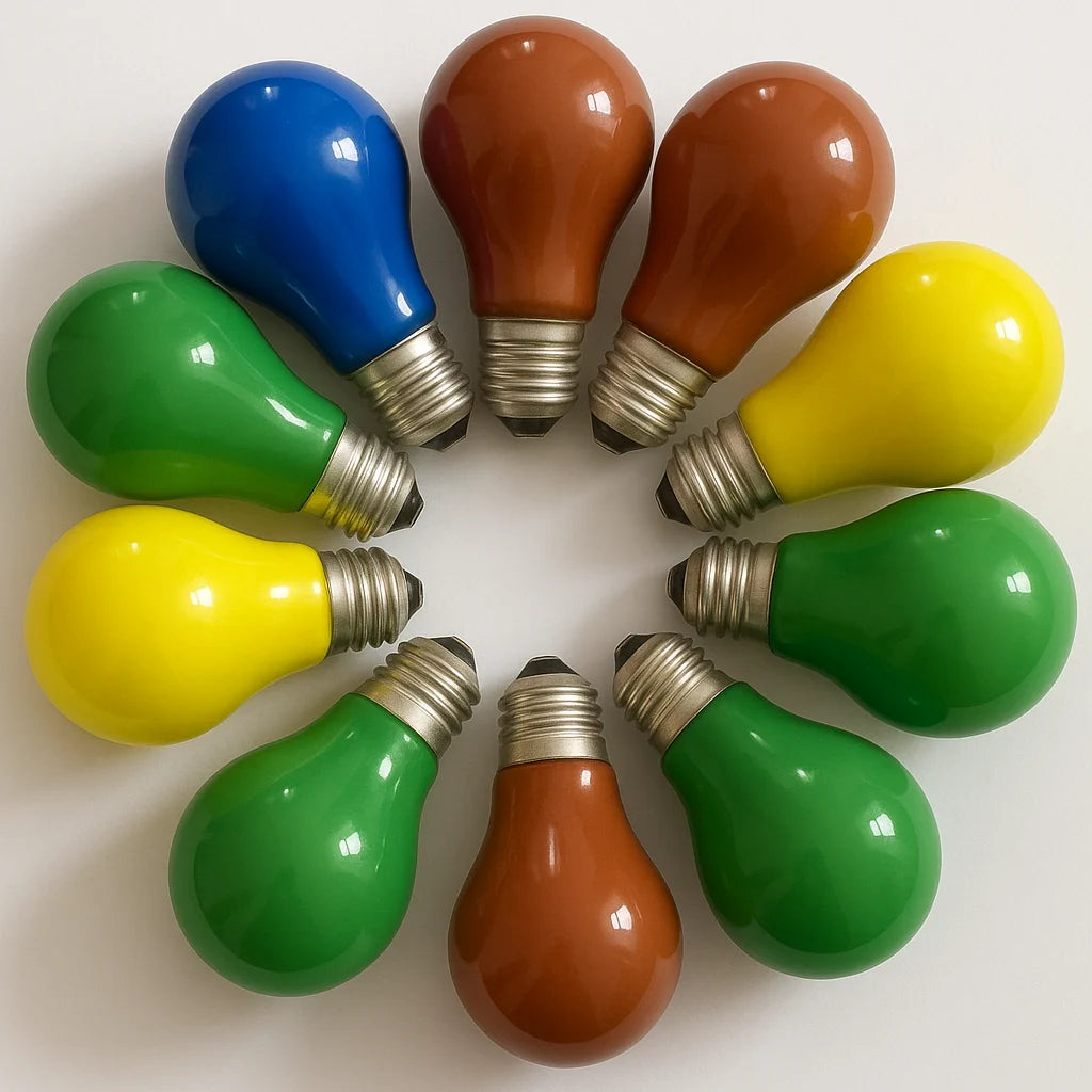 100er Set farbige Glühbirnen E27 25W – dimmbare Party Glühlampen für Lichterketten, je 20x Rot, Gelb, Grün, Blau & Orange