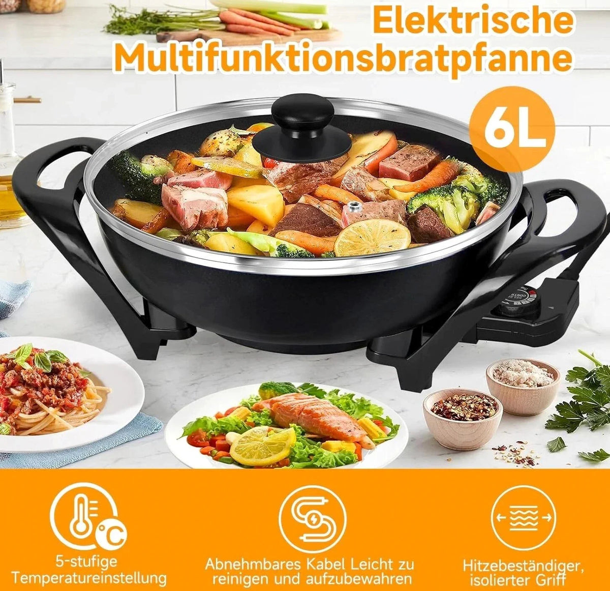 1500W Elektropfanne XXL Multipfanne Partypfanne Elektrisch Pfanne mit Glasdeckel
