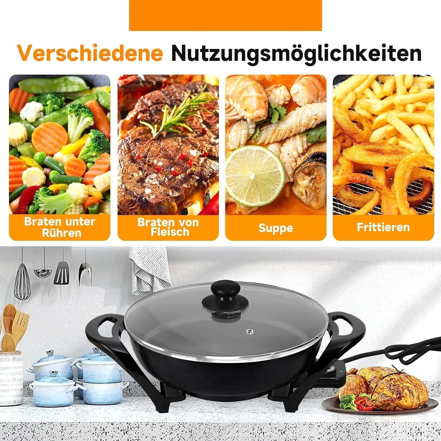 1500W Elektropfanne XXL Multipfanne Partypfanne Elektrisch Pfanne mit Glasdeckel