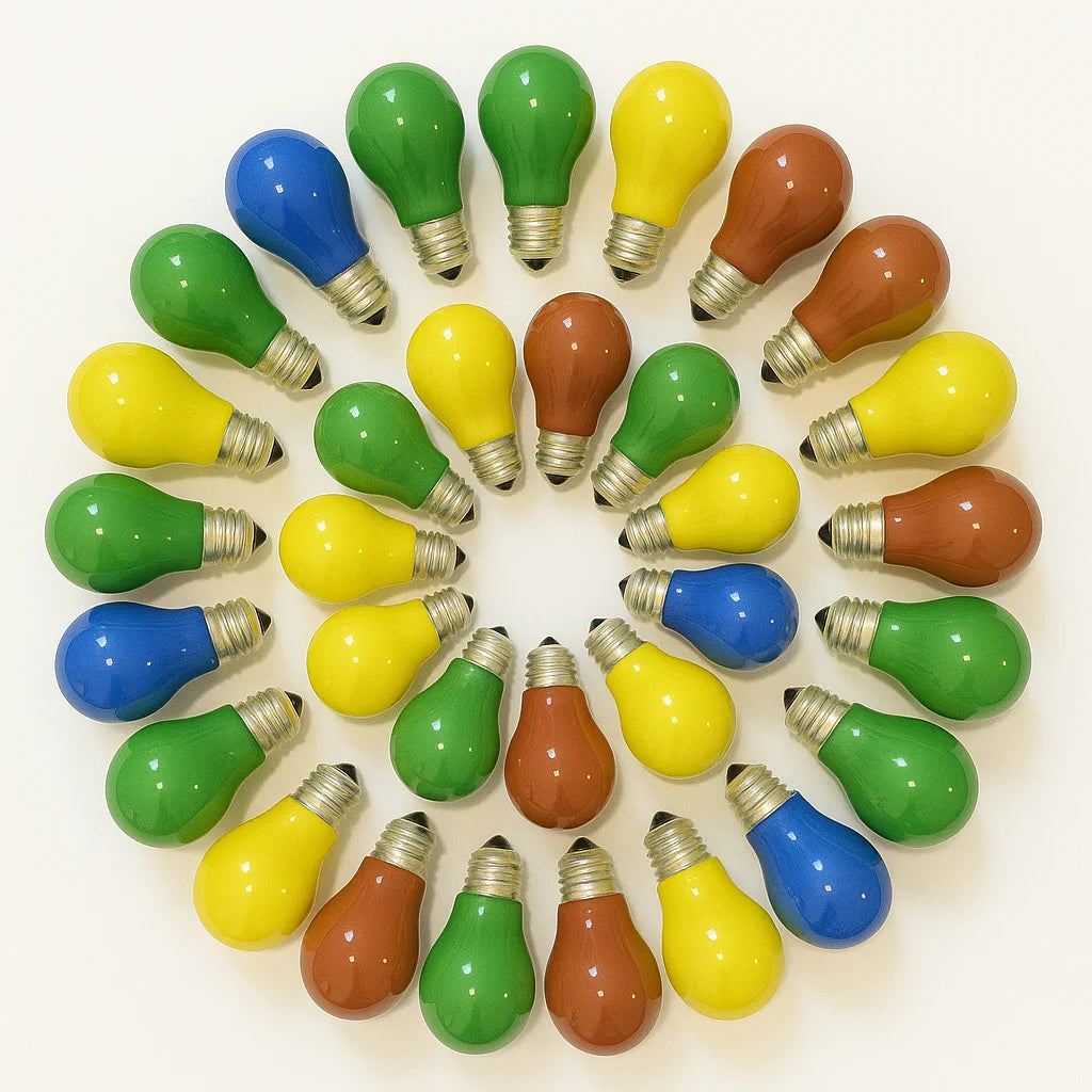 100er Set farbige Glühbirnen E27 25W – dimmbare Party Glühlampen für Lichterketten, je 20x Rot, Gelb, Grün, Blau & Orange