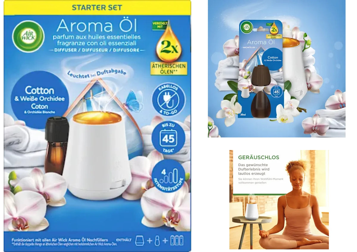 Air Wick Aroma Öl Diffuser Starter Set – 1 Gerät + 4 × 20 ml Duftöl-Nachfüller