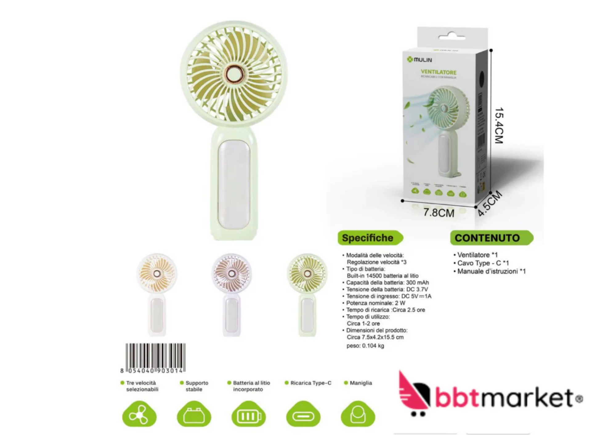 Mini USB Akku Ventilator  – Leiser Handventilator mit 3 Stufen USB-C