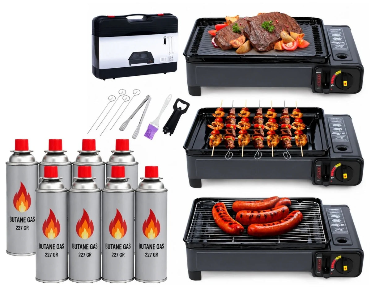 2in1 Gas Kocher Campingkocher + Grillplatte Gasgrill Outdoor Camping Kocher