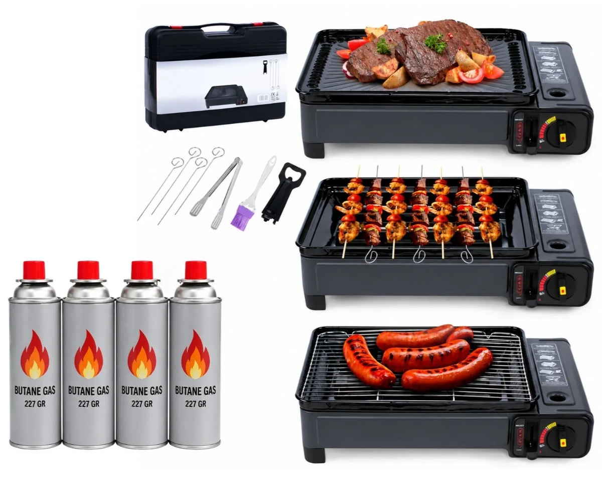 2in1 Gas Kocher Campingkocher + Grillplatte Gasgrill Outdoor Camping Kocher