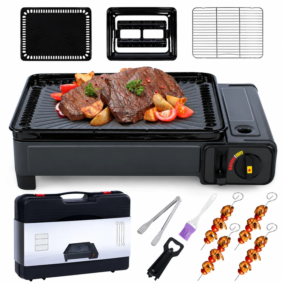 2in1 Gas Kocher Campingkocher + Grillplatte Gasgrill Outdoor Camping Kocher