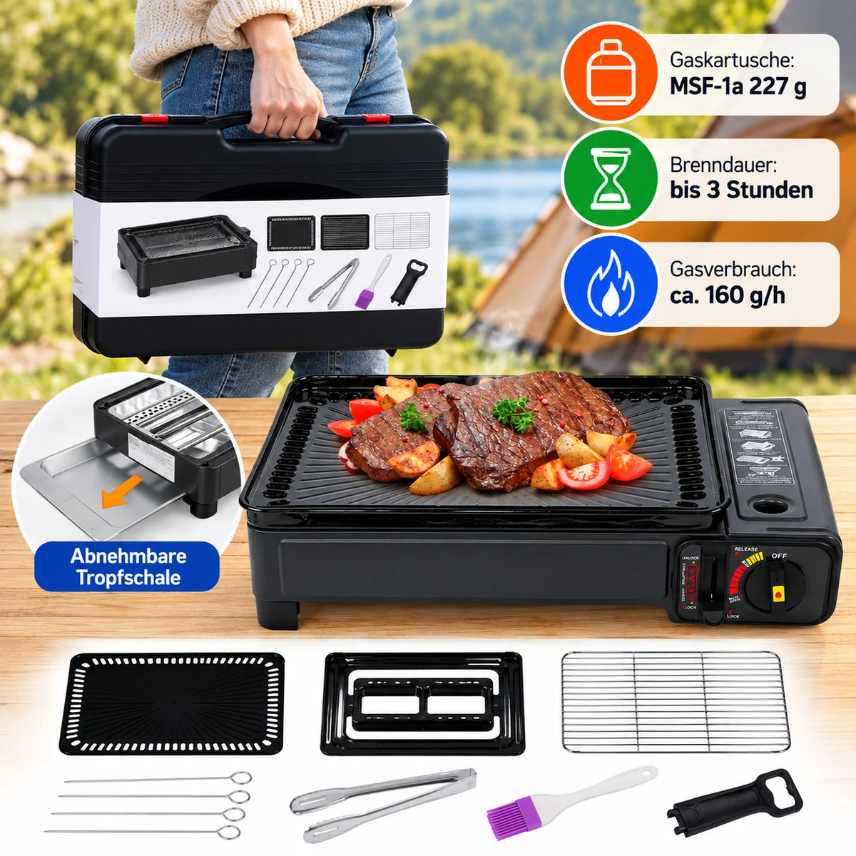 2in1 Gas Kocher Campingkocher + Grillplatte Gasgrill Outdoor Camping Kocher