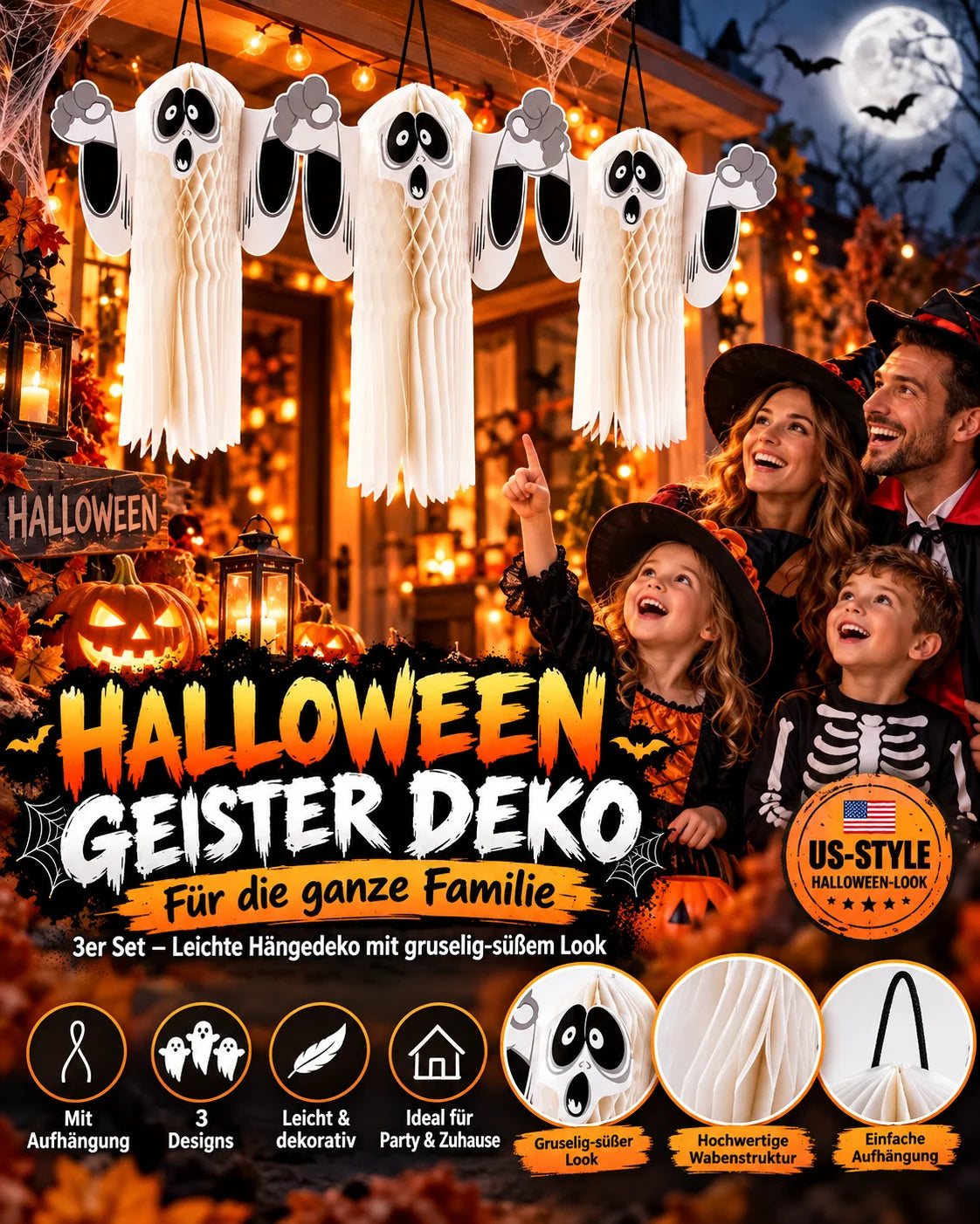 Halloween Geist Deko 51cm Hängend Papier 3D Gespenst Gruseldeko Party Weiß