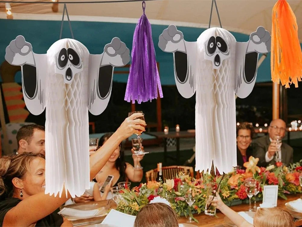 3x Halloween Geist Deko 51cm Hängend Papier 3D Gespenst Gruseldeko Party Weiß