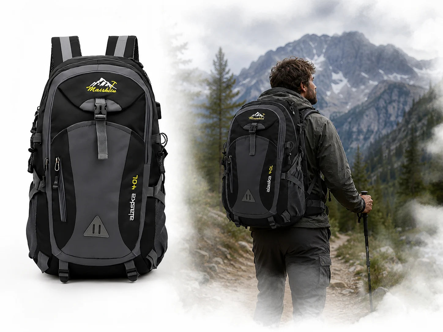 40L Wanderrucksack Trekkingrucksack Reiserucksack Schwarz Outdoor Camping Hüftgu