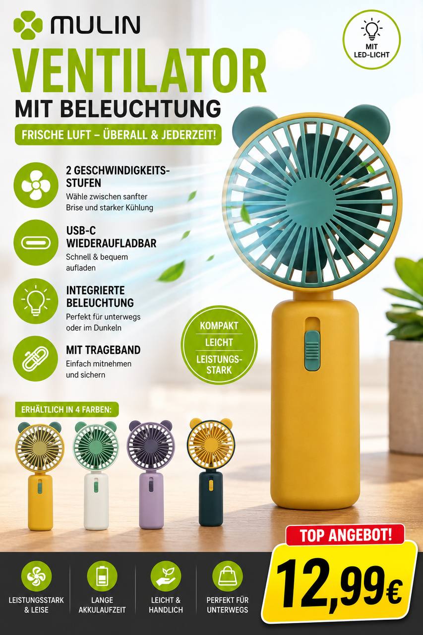 Mini USB Ventilator mit LED Beleuchtung – Wiederaufladbarer Kinderlüfter USB-C