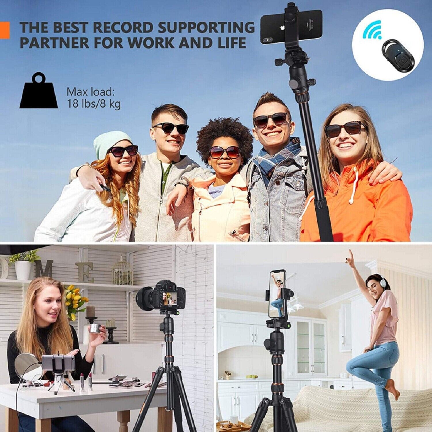 TACKLIFE Camera Mobile Phone Tripod Stand Holder Photo Tripod 55-178cm 360° 9kg Load 