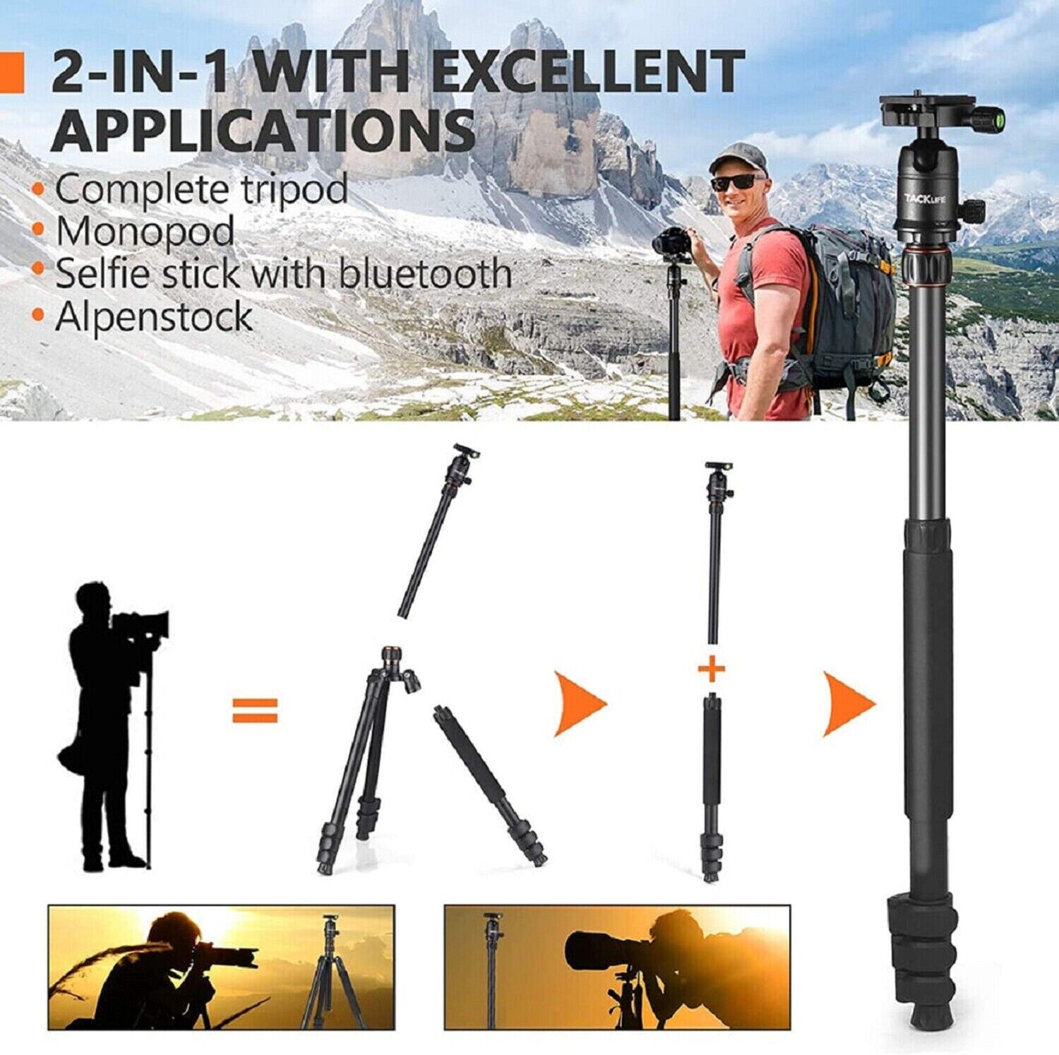 TACKLIFE Camera Mobile Phone Tripod Stand Holder Photo Tripod 55-178cm 360° 9kg Load 