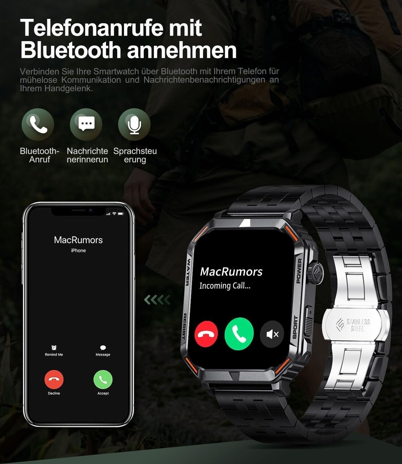 Smartwatch Men with Phone Function, 1.96'' DIY HD Outdoor Military Fitness Watch