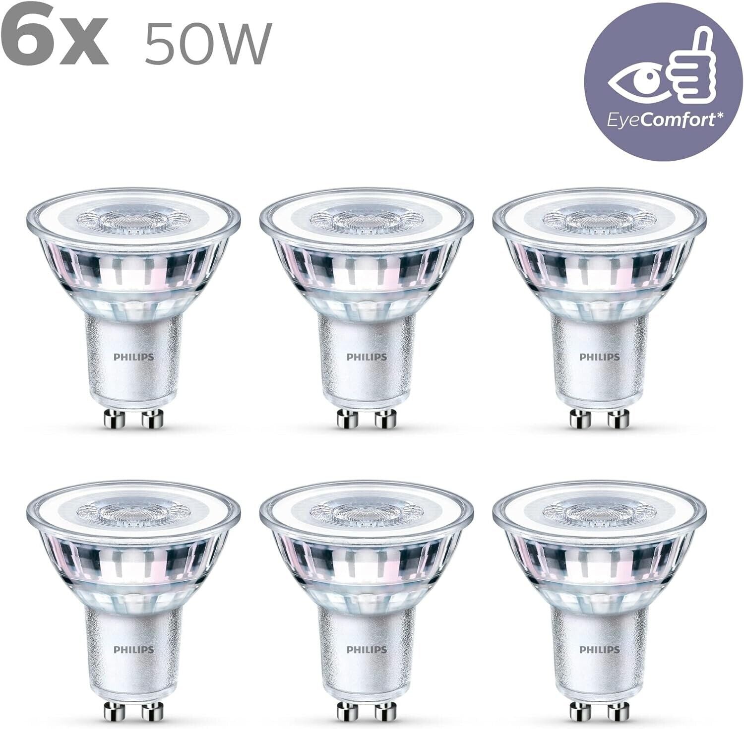 Philips LED Classic GU10 Lampe, 50 W, Reflektor, warmweiß, 1er  Pack - 6er Pack