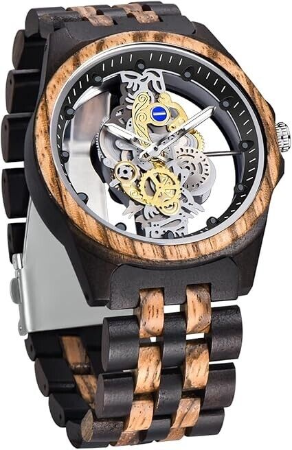 Holzuhr Herren Bambusuhr Quarz Armbanduhr Holz Analog Skelett Design Uhr
