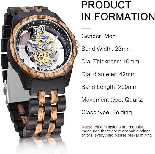 Holzuhr Herren Bambusuhr Quarz Armbanduhr Holz Analog Skelett Design Uhr