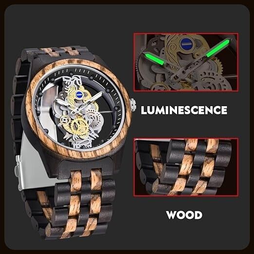 Holzuhr Herren Bambusuhr Quarz Armbanduhr Holz Analog Skelett Design Uhr