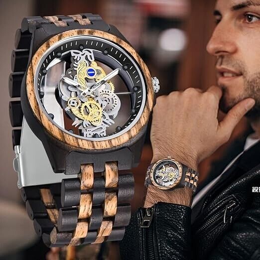 Holzuhr Herren Bambusuhr Quarz Armbanduhr Holz Analog Skelett Design Uhr