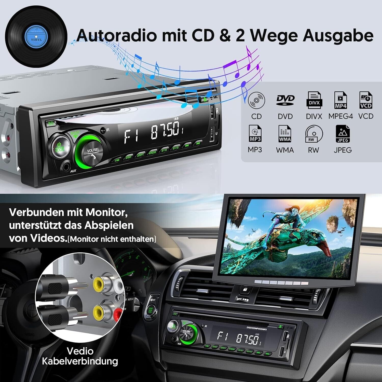 1DIN Autoradio Bluetooth CD DVD Player USB SD AUX RDS Freisprecheinrichtung