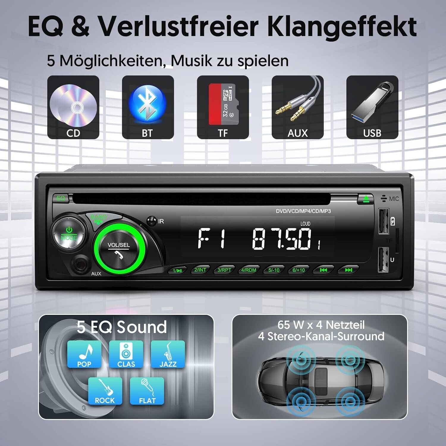 1DIN Autoradio Bluetooth CD DVD Player USB SD AUX RDS Freisprecheinrichtung