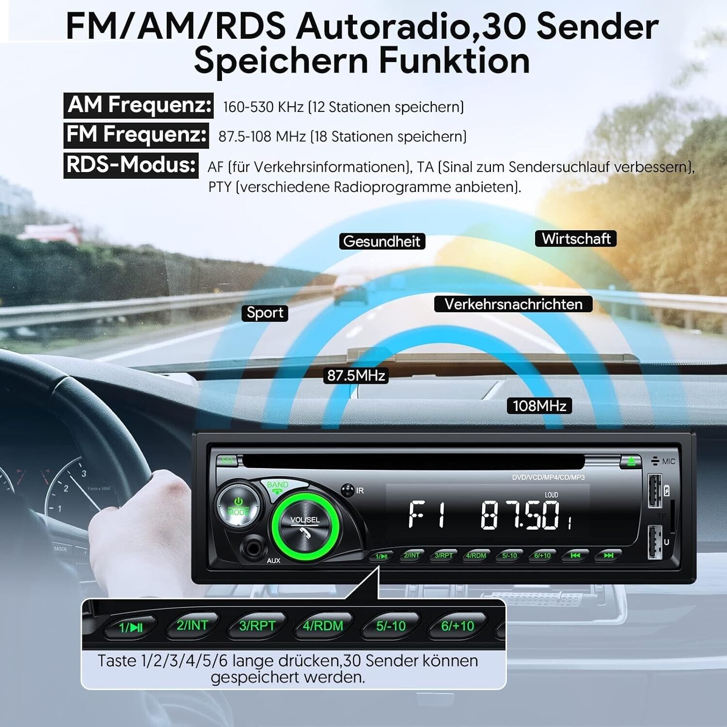 1DIN Autoradio Bluetooth CD DVD Player USB SD AUX RDS Freisprecheinrichtung