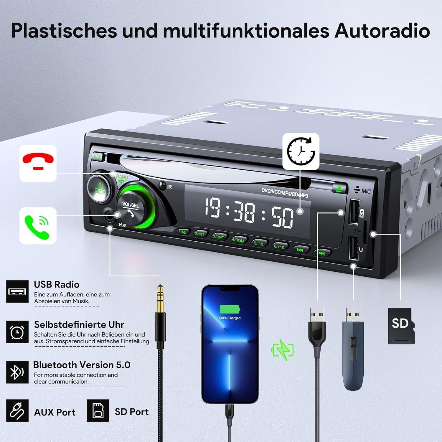 1DIN Autoradio Bluetooth CD DVD Player USB SD AUX RDS Freisprecheinrichtung