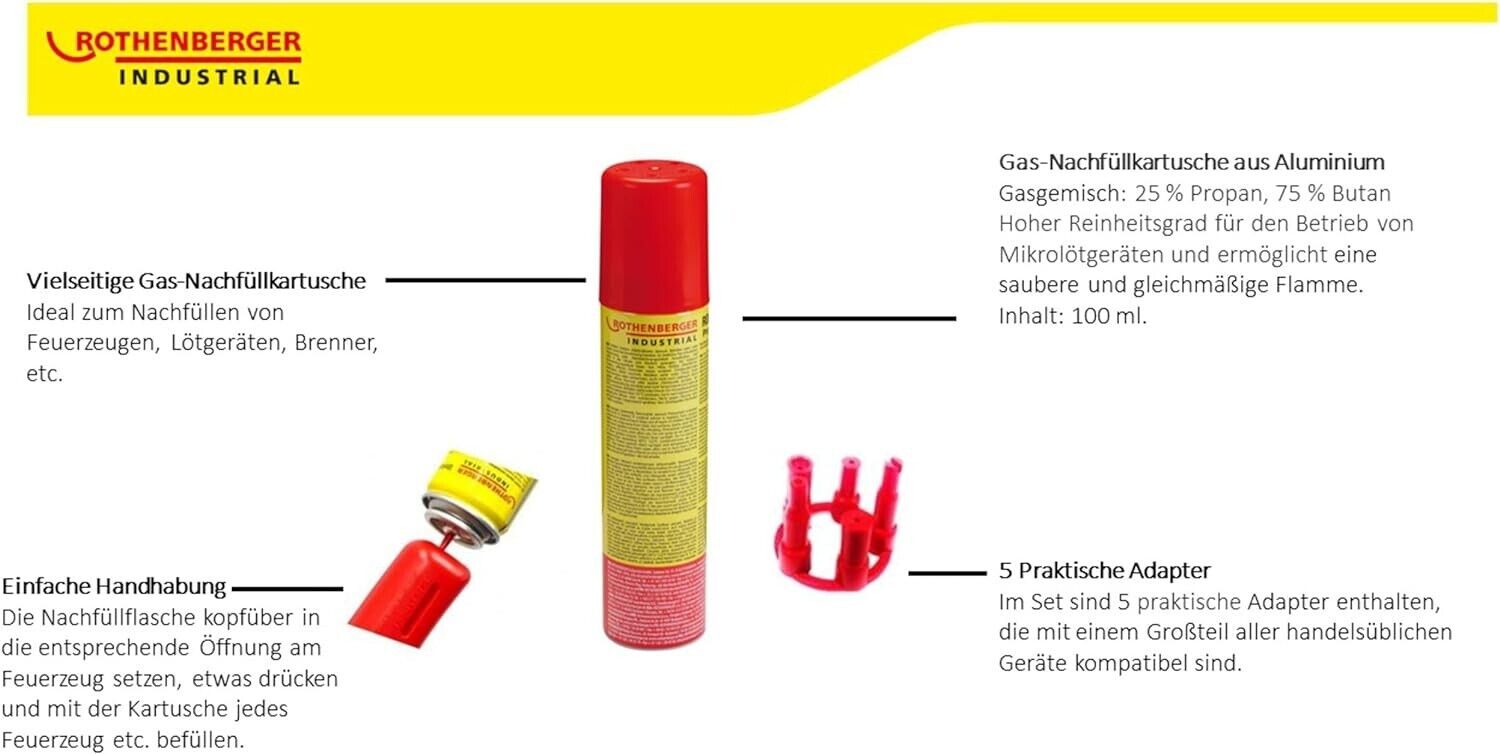 ROTHENBERGER Industrial Nachfüllgas 100 ml – Universalgas für Feuerzeuge & Gasbrenner, 5 Adapter, hoher Reinheitsgrad
