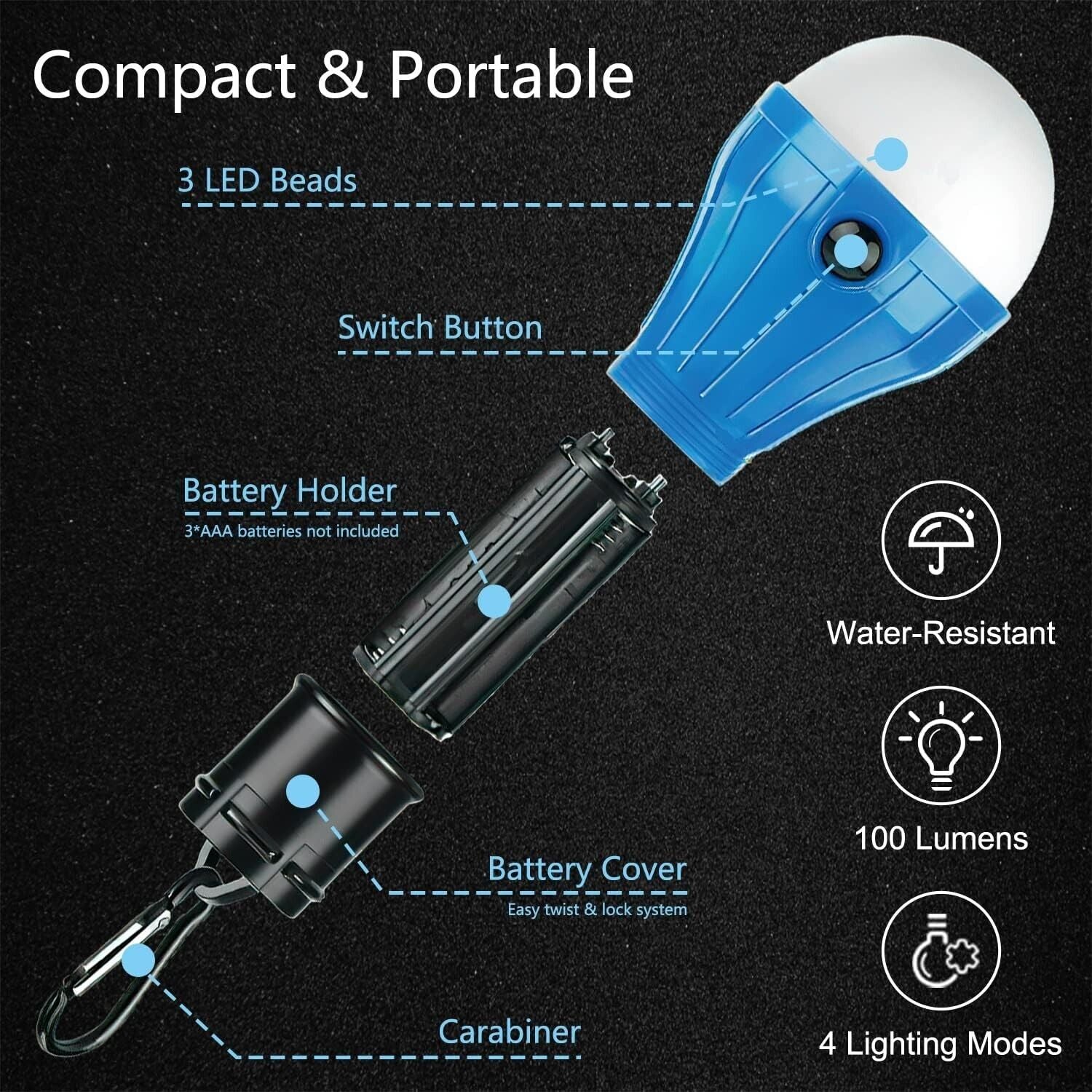5x LED Campinglampe mit Clip–4 Modi Zeltlampe Batteriebetrieben–Outdoor Notlicht