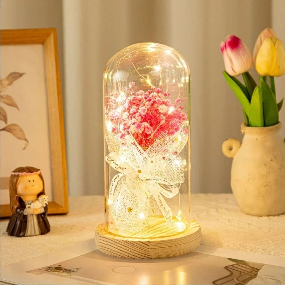 Rosa Schleierkraut Blumenstrauß in Glaskuppel mit LED – Geschenkidee🌸🌸🌸