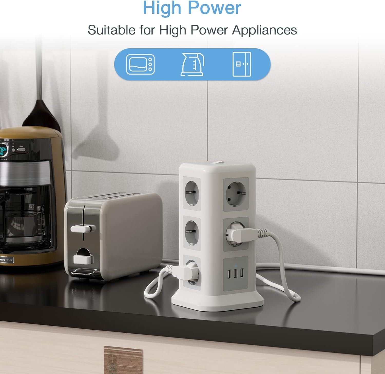 11-Fach Steckdosenleiste mit 3 USB & Schalter – 2M Kabel, 2500W, Turm-Design
