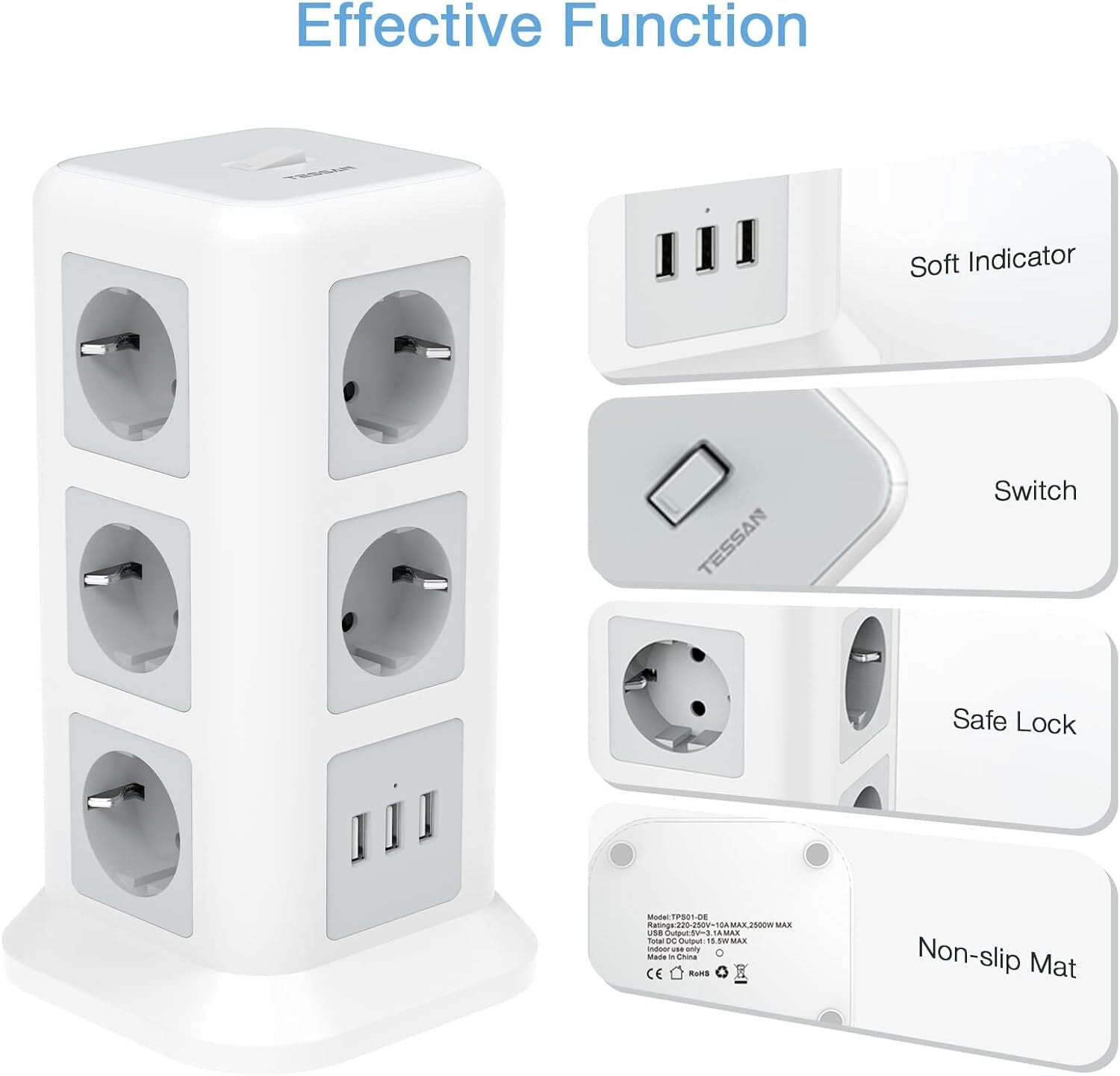 11-Fach Steckdosenleiste mit 3 USB & Schalter – 2M Kabel, 2500W, Turm-Design