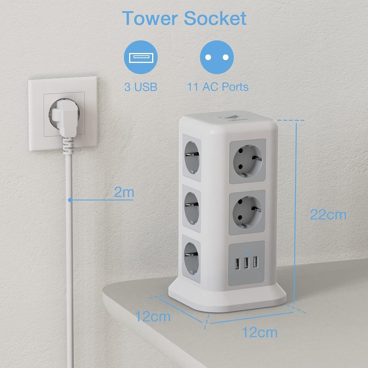 11-Fach Steckdosenleiste mit 3 USB & Schalter – 2M Kabel, 2500W, Turm-Design