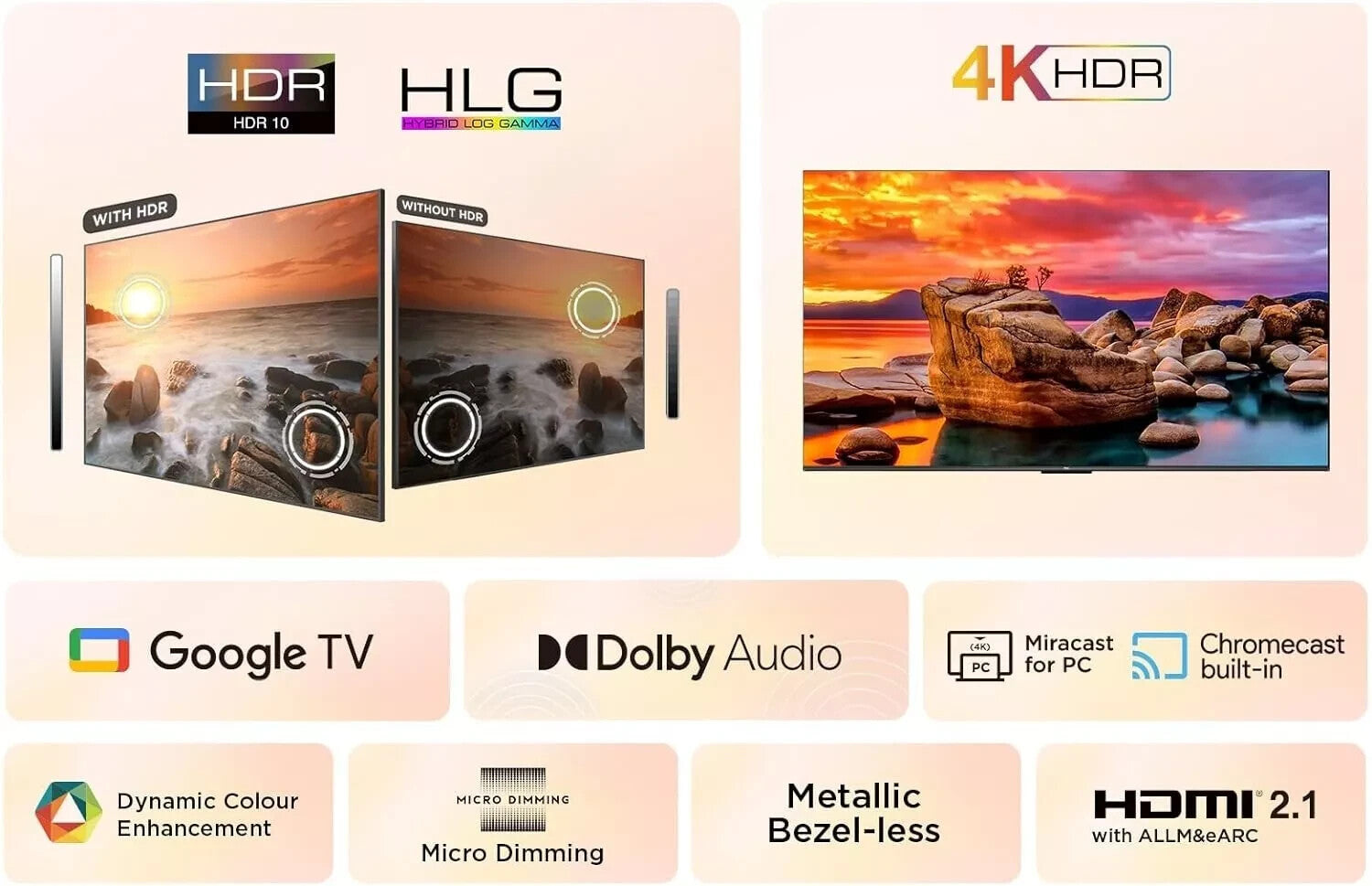 55 Zoll 4K Ultra HD Smart TV – HDR10, Dolby Audio, Micro Dimming, Google TV