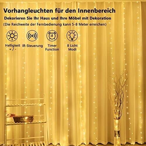 LED Lichtervorhang 3x3m Warmweiß mit Timer & Fernbedienung für Außen & Innen