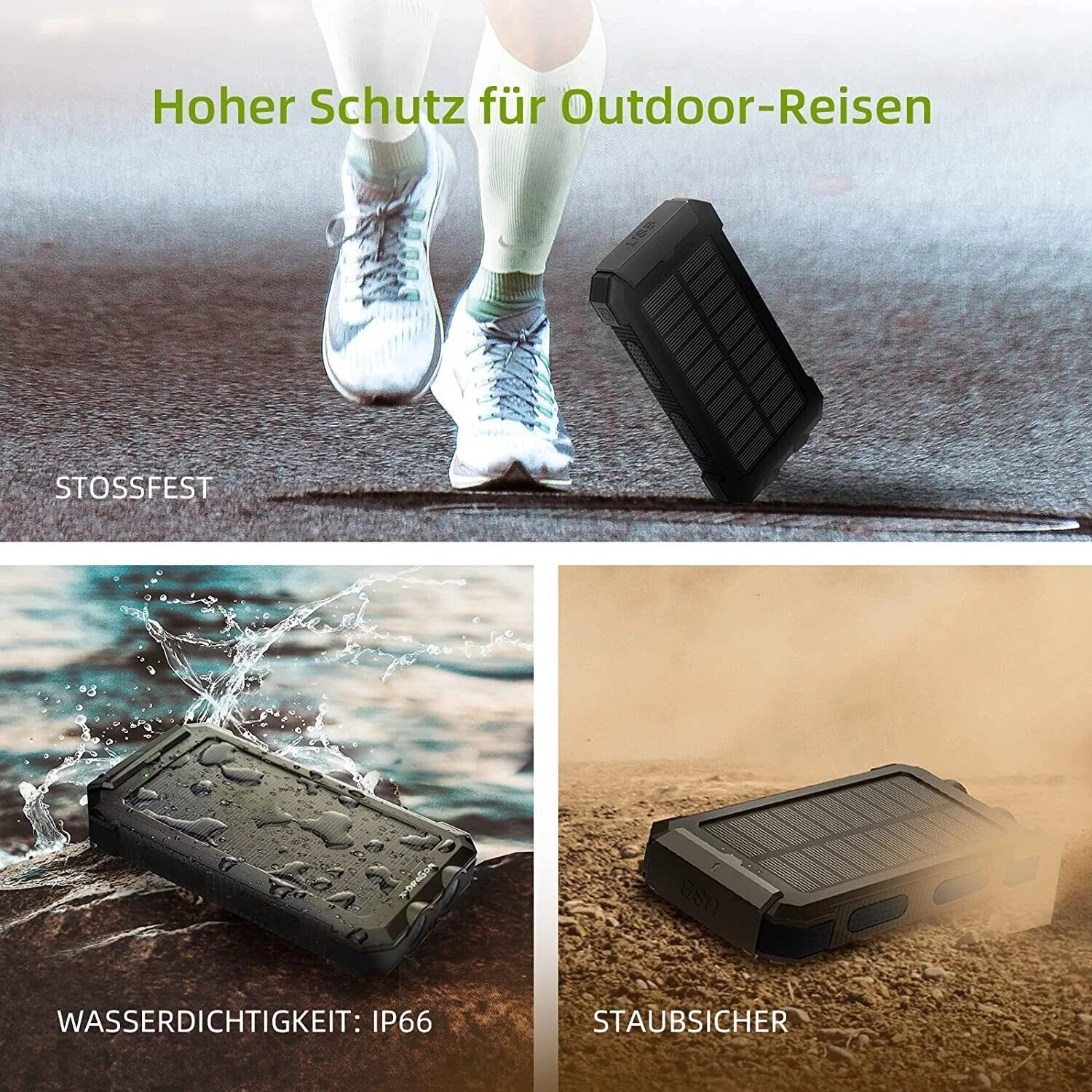 30000mAh Solar Powerbank Akku LED Kompass 2USB Wasserdicht Outdoor DE