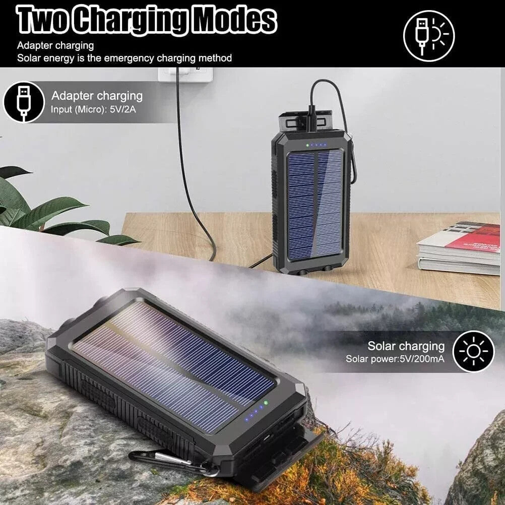 30000mAh Solar Powerbank Akku LED Kompass 2USB Wasserdicht Outdoor DE