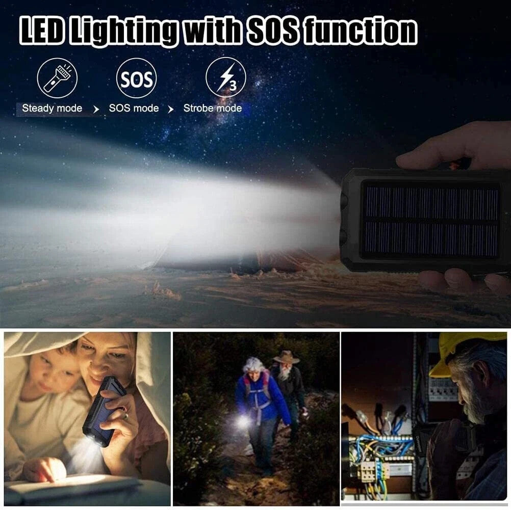 30000mAh Solar Powerbank Akku LED Kompass 2USB Wasserdicht Outdoor DE