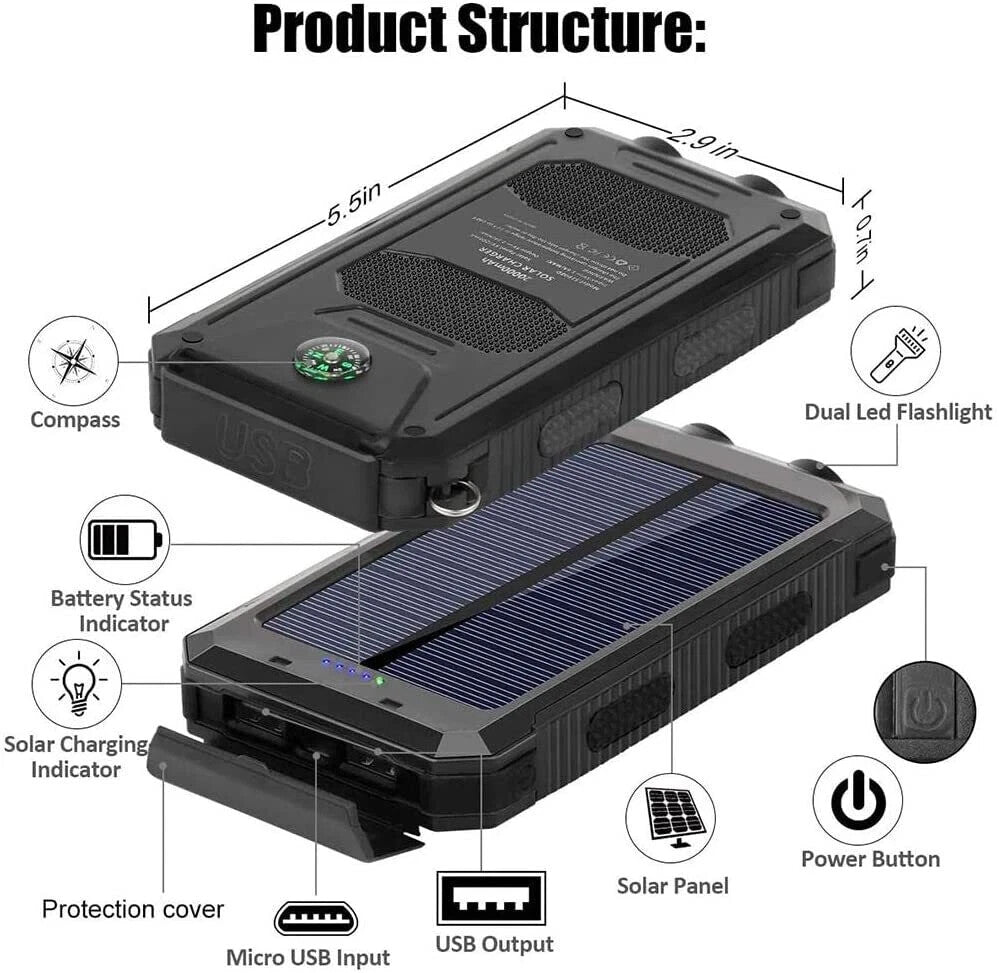30000mAh Solar Powerbank Akku LED Kompass 2USB Wasserdicht Outdoor DE