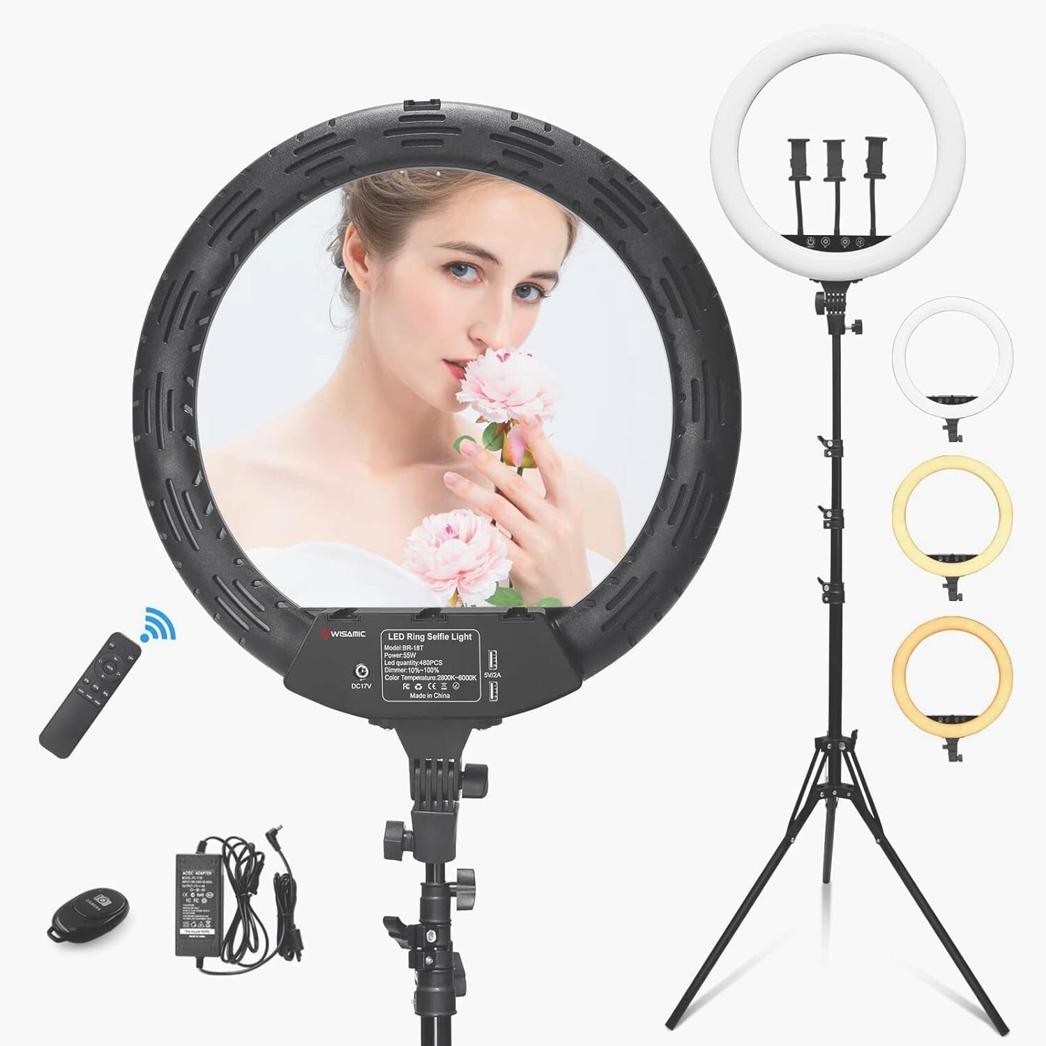 LED Ringlicht 18 Zoll mit Stativ – Dimmbares Selfie Licht 2800K–6000K | Mit Touch- & Fernbedienung, 3 Handyhalterungen & 2 USB-Anschlüssen für YouTube, TikTok & Vlog
