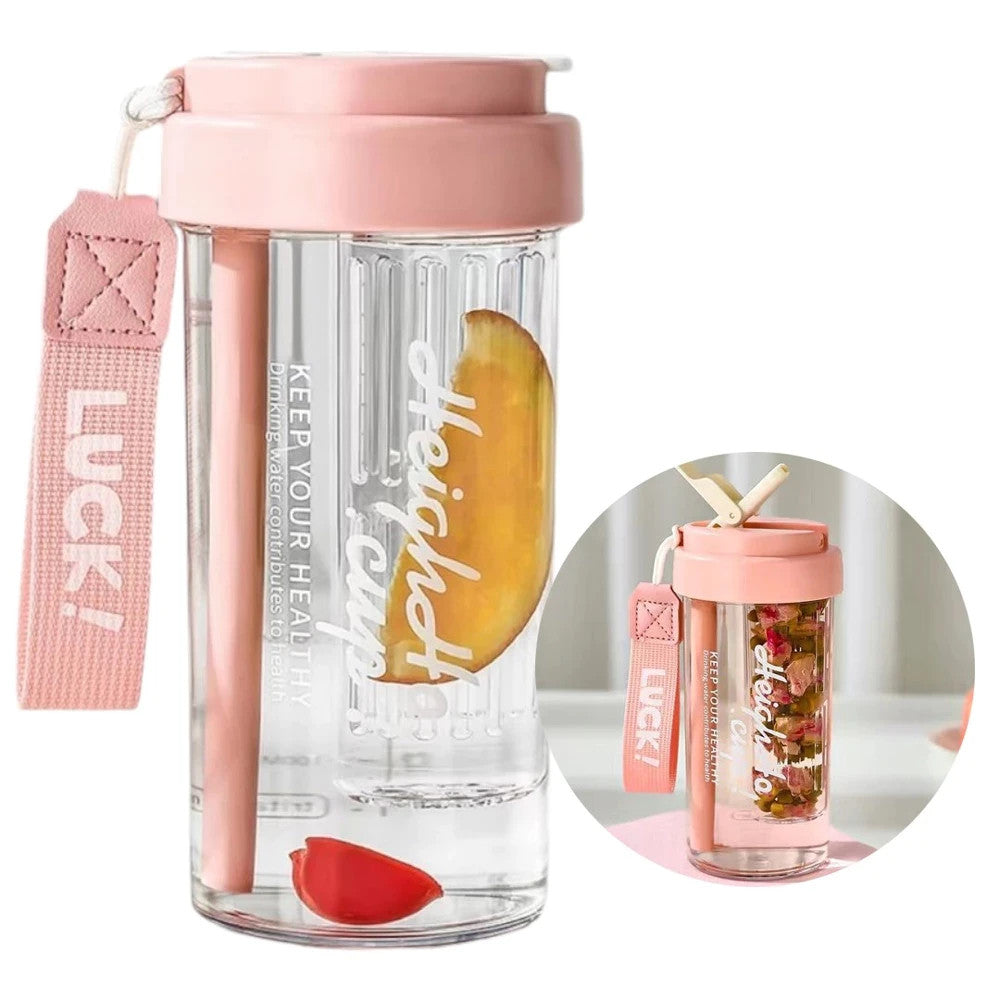 Wasserflasche 600ml mit Strohhalm & Korb – BPA-frei, Simp Design, Pink