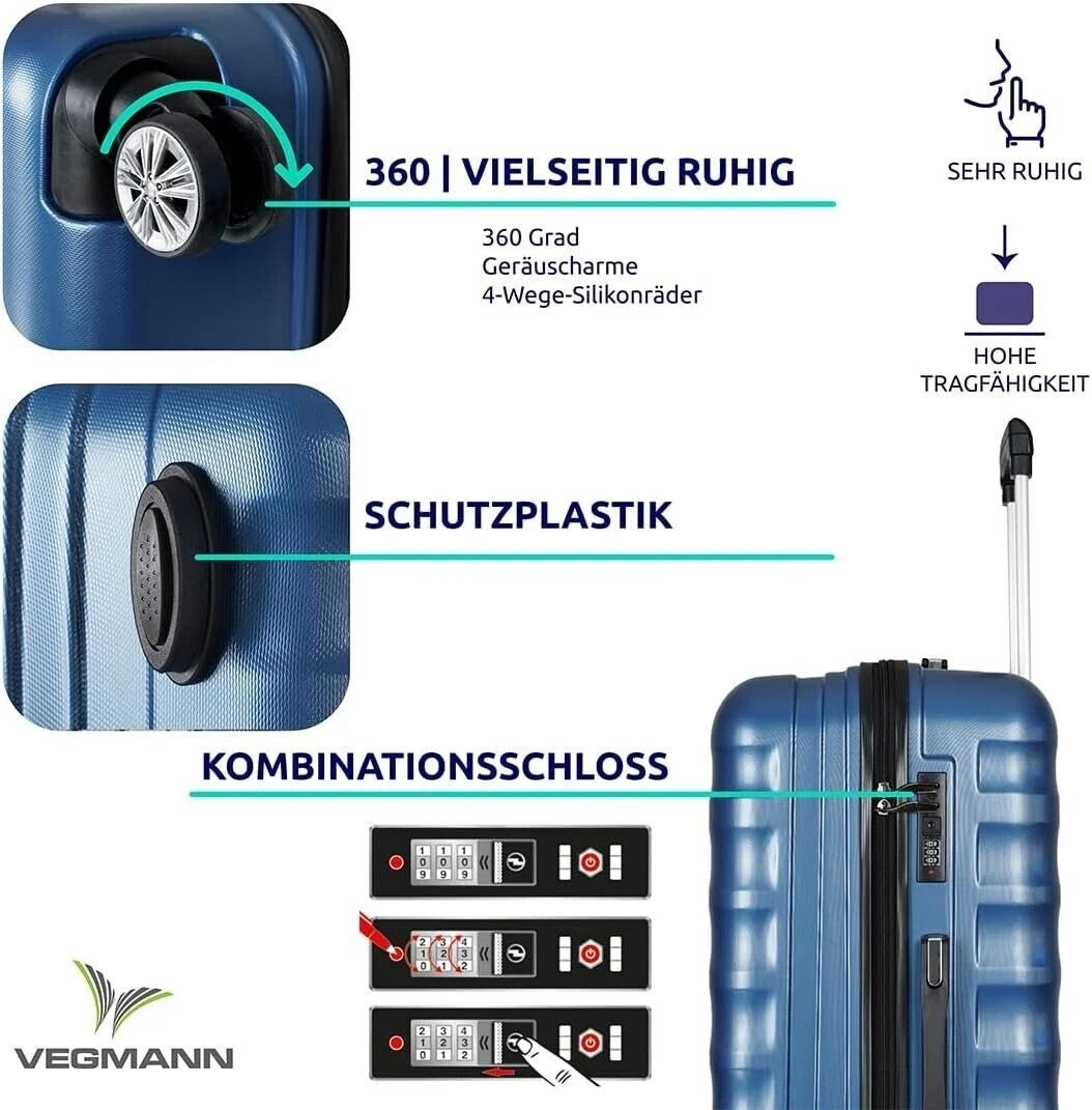 Hartschalenkoffer Trolley Blau – M / L / XL / 3er Set – 4 Rollen, ABS