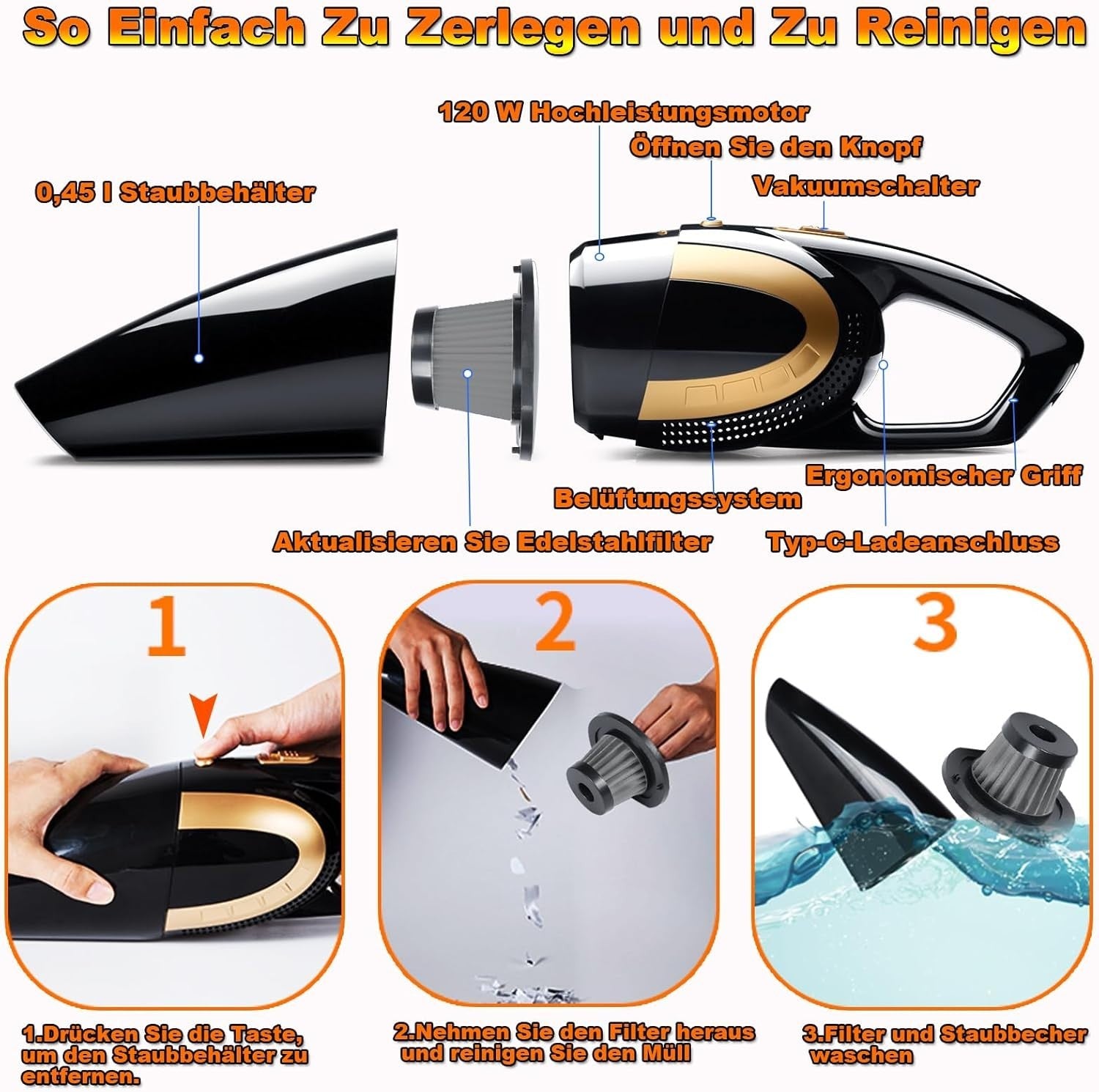 Kabelloser Handstaubsauger 16000Pa – Akku Auto Staubsauger Nass & Trocken für Tierhaare, Auto und Haushalt